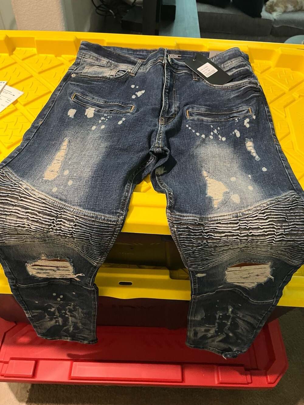 Black Pharaoh by 2Y Premium Men's Biker Moto Distressed Paint Splatter Denim Jea